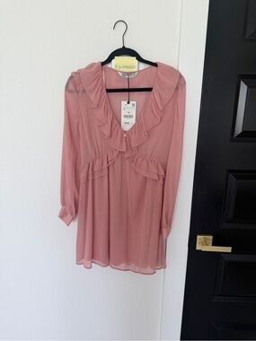 Zara Rose Pink Ruffled V-Neck Dress